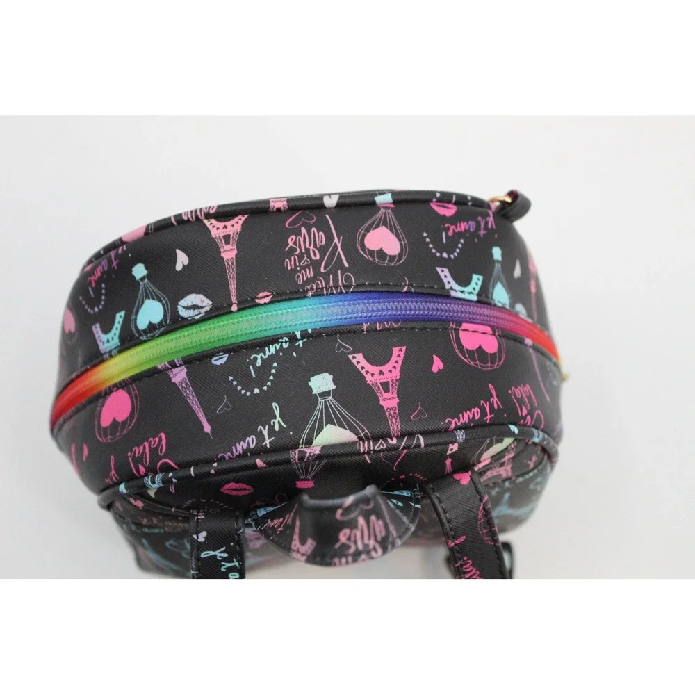 Paris Theme Mini Backpack Black Faux Leather Rainbow Zipper Eiffel Tower Print
